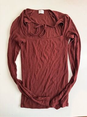 ARITZIA Deep Red Neck-Tie Ribbed Long-Sleeve Top